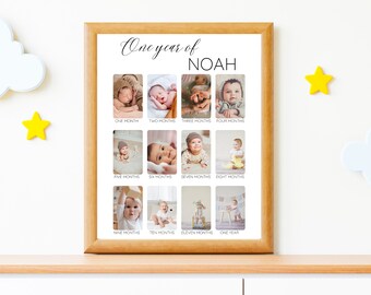 Printable Baby's First Year Photo Poster Template, Modern 1st Birthday Photo Collage Sign, Editable Year In Pictures Board, Instant Download