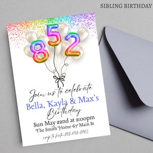 Sibling Birthday Invitation,Double Birthday Invitation,Dual Combined Twins Birthday Invitation,Twins, Boy and Girl Double Invite, Balloons