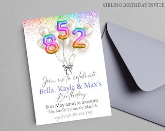 Invitación de cumpleaños de hermanos, invitación de cumpleaños doble, invitación de cumpleaños de gemelos combinados duales, gemelos, invitación doble de niño y niña, globos