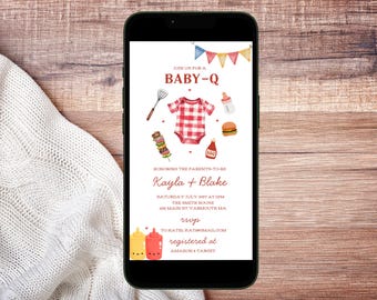 Baby-Q babyshoweruitnodiging voor telefoon, baby Q achtertuin koppels babystrooiseluitnodiging, baby-barbecue-feestavond, BBQ-babyshower-evite, baby-bbq