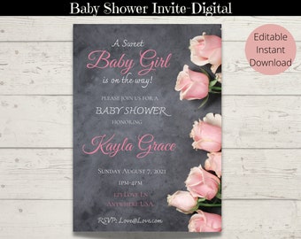 Baby Shower Invitation- Baby girl invitation-Digital invite-  girl baby shower invitation-Rose invitation-Printable baby shower invite