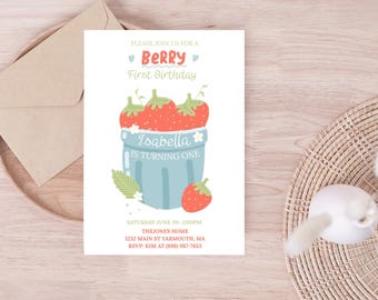 Editable Strawberry Birthday Invitation First Birthday Berry Sweet Girl Cute Strawberries 1st Digital Download Evite Template Printable