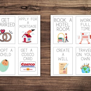 May include: A set of eight printable cards with illustrations and text. The cards feature life events such as getting married, adopting a child, getting a Costco card, creating a will, and traveling on your own.