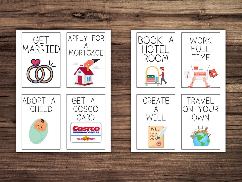 May include: A set of eight printable cards with illustrations and text. The cards feature life events such as getting married, adopting a child, getting a Costco card, creating a will, and traveling on your own.