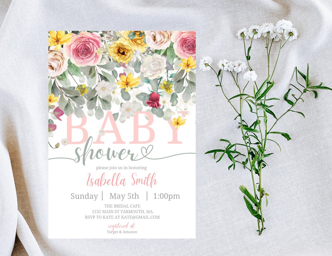 Garden Flowers Baby Shower Invitation , Template Suite DOWNLOAD, Floral ...