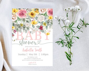 May include: A floral baby shower invitation with pink, yellow, and white flowers. The text reads "BABY shower" in pink letters with a heart and "please join us in honoring Isabella Smith Sunday | May 5th | 1:00pm THE BRIDAL CAFE 1232 MAIN ST YARMOUTH, MA RSVP TO KATE AT KATE@GMAIL.COM registered at Target & Amazon"