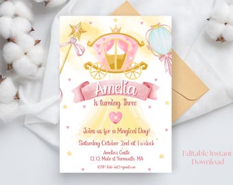 May include: A pink and gold princess carriage with a golden star wand and a mirror. The text reads "Amelia is turning Three" and includes details for a birthday party.