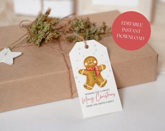 Christmas Gingerbread Man Tag, Printable Cookie Christmas Gift Tag, Editable Wishing You A Sweet Christmas Tag, Christmas Treats Gift Tag
