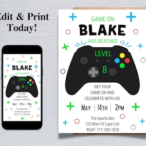 Editable Video Game Birthday Invitation Boy Gamer Birthday Party Neon Game On Level Up Birthday Party Glow Gamer Party Instant Download