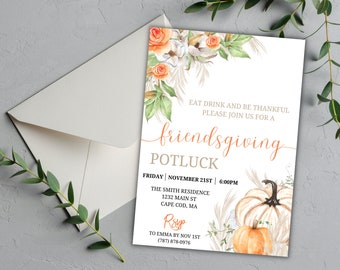 May include: A Friendsgiving potluck invitation with a watercolor illustration of pumpkins and fall foliage. The invitation includes the date, time, and location of the event. RSVP information is also included.
