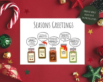 Gewürze Weihnachtskarte, Chefkoch Wortspiele, Feiertagsgrußkarte, Jahreszeitengrüße, lustige Weihnachtskarte, druckbare Weihnachtskarte, lustige Karte