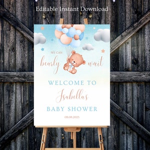 Bearbeitbares Braunbär-Babyparty-Willkommensschild, Wir können Bären-Babyparty-Poster warten, blaues Boho Bär-Babypartydekor, druckbares Babyschild