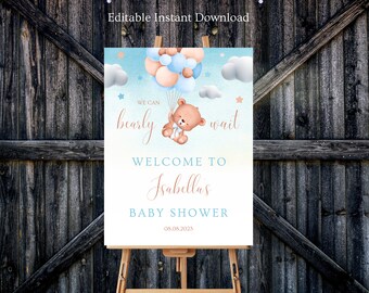 Editable brown Bear Baby Shower Welcome Sign, We Can Bearly Wait Baby Shower Poster, Blue Boho Bear Baby Shower Decor, printable baby sign