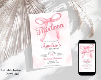 Tween Pink Bow 13th Birthday | Coquette 13th Birthday Invitation | Pink Bow Template | Editable Digital Invite | Trendy Girl Birthday Party