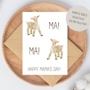 Tarjeta de cabra para el Día de la Madre - Tarjeta de felicitación del Día de la Madre impresa con tipografía de animales de granja, IMPRIMIBLE