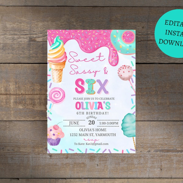 Candy SWEET SASSY and SIX girl birthday invitation, birthday invite, cotton candy sweets donut ice cream cupcake,digital printable, 6th bday