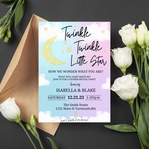 Twinkle Twinkle Little Star Gender Reveal Invitation, Gold Moon and Stars Gender Reveal Party Invite Template, Gender reveal invitation