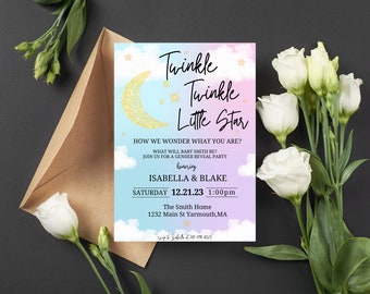Twinkle Twinkle Little Star Gender Reveal Invitation, Gold Moon and Stars Gender Reveal Party Invite Template, Gender reveal invitation