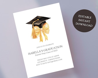 Op de afbeelding: Een witte afstudeeraankondiging met een aquarel illustratie van een zwarte afstudeerhoed met een gouden kwast en strik. De tekst luidt "Isabella's Graduation" en bevat evenementdetails. Een cirkelvormige afbeelding zegt "Bewerkbare Instant Download."