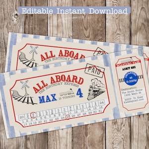 Train Birthday Ticket Invitation, Train Ticket Kids Invite, Blue Boy 1st Boarding Pass,Editable Printable,Train Party, Train Birthday party