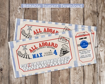 Train Birthday Ticket Invitation, Train Ticket Kids Invite, Blue Boy 1st Boarding Pass,Editable Printable,Train Party, Train Birthday party
