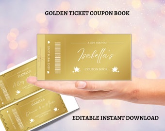 Presentbiljett med gyllene biljett, folierad kupong, personlig biljett, julkupong, överraskningshelg, personlig present, utskrivbar biljett, guld