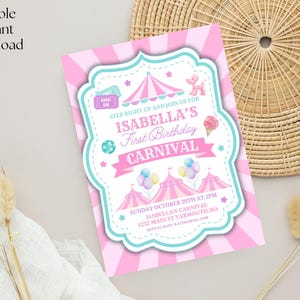 Editable Pastel Carnival Invitation, Carnival Birthday Party Invitation, Girls First Birthday Party, Pink Carnival Invitation,first birthday