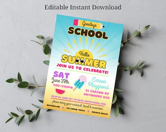 End of School Party Invitation, Hello Summer, School’s Out, Sun, Bounce, Water Slide DIGITAL Printable EDITABLE Invite 5” x 7” Edit Today!
