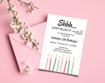 Editable Candles Surprise Birthday Invitation Shhh It's A Surprise Party 30th 40th 50th 60th Adult Download Canva Template Printable