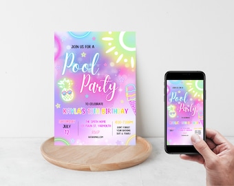 Editable Pool Party Birthday Invitation Glow Neon Tie Dye Summer Swimming Pool Birthday Party Instant Download, NEON party Invite,Pool party