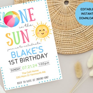 Editable One In The Sun 1st Birthday Party Invitation Beach Ball Summer Splish Splash Boy 1st Birthday Pool Party Instant Download,1st bday