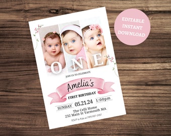 1st Birthday Invitation Girl,Minimal 1st Birthday Invitation Template, Editable First Birthday Photo Invitation Template,Girl Birthday Party