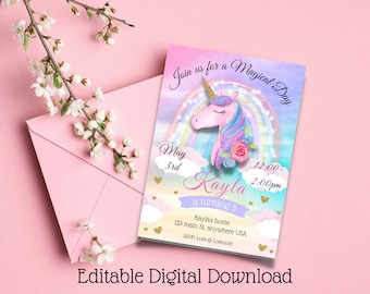 May include: A colorful invitation with a unicorn and rainbow design. The text reads "Join us for a Magical Day, May 3rd, Kayla is turning 5, 12:00-2:00pm, Kayla's home, 123 main St. anywhere USA, RSVP: Love @ Love.com".