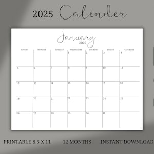 Calendario 2025 Planificador mensual 2025 Calendario mensual elegante horizontal Calendario imprimible, Calendario de pared tamaño carta A4 PDF IMPRIMIBLE, Imprimir