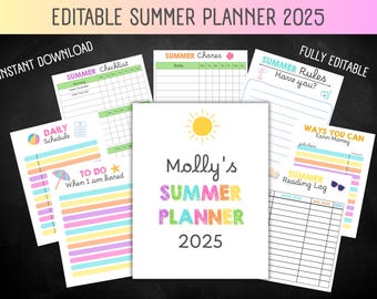 Paquete de planificador de VERANO 2025 editable e imprimible / Calendario de verano / Lista de verificación de verano / Cuadro de tareas de verano / Planificador de verano / Cuadro de tareas para niños