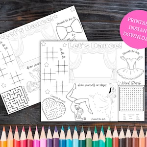 Può includere: Una pagina da colorare stampabile con il testo "Let's Dance!" e che presenta un palcoscenico, una ballerina, un labirinto, una ricerca di parole e un gioco di unisci i puntini.