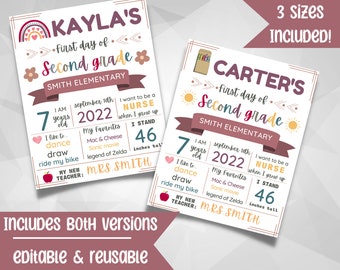 Back to School Sign, Boho White Background, First & Last Day, Editable, Reusable, Boy or Girl, 11x14/8.5x11 Printable, Instant Edit/Download