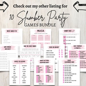 K&ouml;nnte beinhalten: Ein Satz druckbarer Schlafparty-Spiele f&uuml;r Kinder. Die Spiele beinhalten "Most Likely To", "Who Knows Her Best?", "Would You Rather", "Find the Guest Bingo", "M.A.S.H.", "Ever or Never?", "What's in Your Sleepover Bag?", "Candy Dice", "Give Yourself a Point If...", und "Selfie Scavenger Hunt".