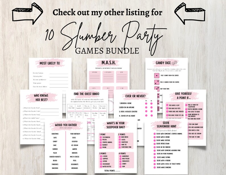 K&ouml;nnte beinhalten: Ein Satz druckbarer Schlafparty-Spiele f&uuml;r Kinder. Die Spiele beinhalten "Most Likely To", "Who Knows Her Best?", "Would You Rather", "Find the Guest Bingo", "M.A.S.H.", "Ever or Never?", "What's in Your Sleepover Bag?", "Candy Dice", "Give Yourself a Point If...", und "Selfie Scavenger Hunt".