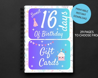 Libro de tarjetas de regalo imprimible, libro de tarjetas de regalo Sweet 16, regalo de cumpleaños para adolescente, regalo para estudiante universitario, regalo de cumpleaños adolescente, dulce 16