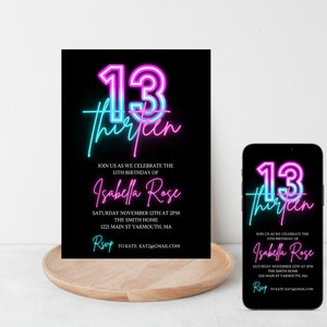 13th Birthday Invitation for girl, Rainbow, Editable Template, 13 Bday Invites, Neon Light, Digital File, Instant Download,birthday text