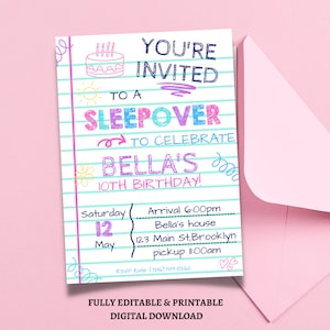 Editable Slumber Party Birthday Invitation Sleepover Birthday Invite Pink Girl Spa Tween Teen Digital Download Printable Template, sleepover