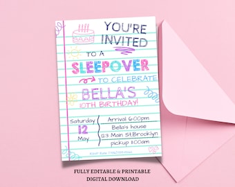 Bearbeitbare Pyjama Party Geburtstagseinladung Sleepover Geburtstag einladen Rosa Mädchen Spa Tween Teen Digital Download druckbare Vorlage, Sleepover