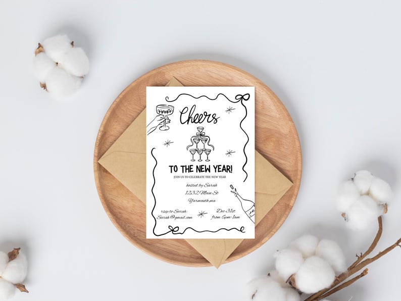 New Years Eve Party Invitation Hand Drawn, Whimsical New Year Party Invite, Disco Ball, Champagne Tower, Editable Template, NYE Party invite image 6