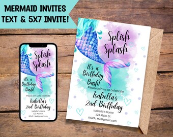 Può includere: Un invito di compleanno a tema sirenetta stampabile con un'illustrazione ad acquerello di una coda di sirena. L'invito dice "Splish Splash È una festa di compleanno!" e include il testo "Unisciti a noi per festeggiare il 2° compleanno di Isabella" con i dettagli della festa.