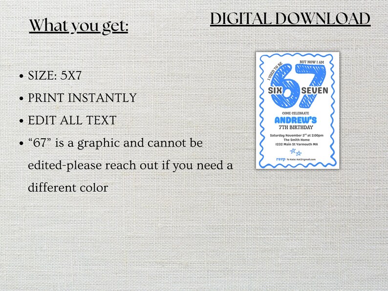 May include: Digital download invitation for a 7th birthday. The invitation is a blue and white design with the text "I used to be six but now I am seven". The invitation includes the text "Come celebrate Andrew's 7th birthday". The size is 5x7 inches.