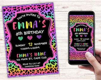 Rainbow Cheetah Birthday Invitation, Rainbow Leopard Print Invitation, Cheetah Print Invite, Leopard Print Invite, Birthday Party invite