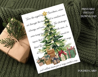 May include: A watercolor illustration of a Christmas tree with presents underneath. The text reads: 'Twas the night before Christmas, when all through the house a creature was stirring, not even the stockings were hung by the chimney with care. In hopes that St. Nicholas would be there The children were nestled all snug in their beds while visions of sugar plums danced in their heads.
