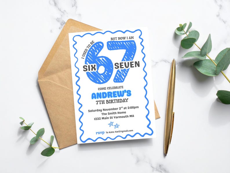 May include: A birthday invitation with a blue and white design. The invitation reads "I used to be six, but now I am seven." It includes the text "Come celebrate Andrew's 7th birthday" and event details. A gold pen and envelope are also in the image.