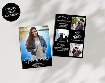 May include: A graduation announcement with a black background and white text. The announcement features a photo of a young woman in a blue and white outfit, a photo of a woman in a black cap and gown, and a photo of a woman in a black cap and gown. The text includes the date and time of the graduation ceremony, the location of the ceremony, and the name of the graduate.